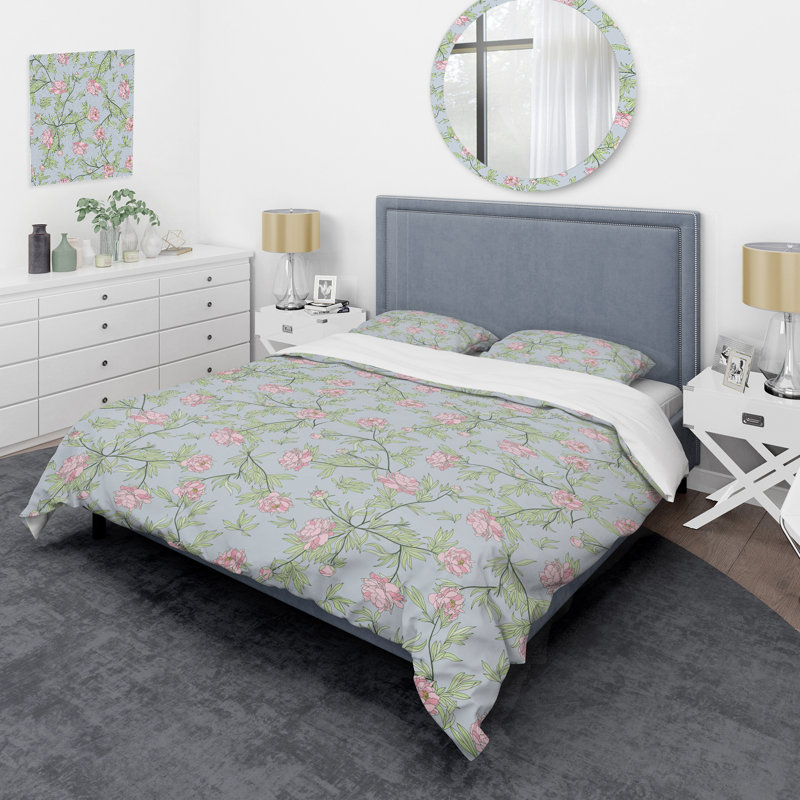 Ensemble de housse de couette en microfibre rose / vert / gris 3 pièces, Housse de couette pour très grand lit et 2 très