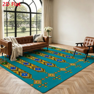 Tapis bleu sarcelle à motif géométrique, tapis d'intérieur pour salon, chambre à coucher, bureau à domicile et espaces repas, conception artistique, antidérapant, résistant aux taches, lavable à la machine
