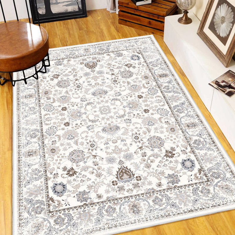 Area Rug,  Vintage Bohemia Non-Slip Washable Rug For Living Room Kitchen Bedroom Living Room Flower Design Light Khaki/Beige