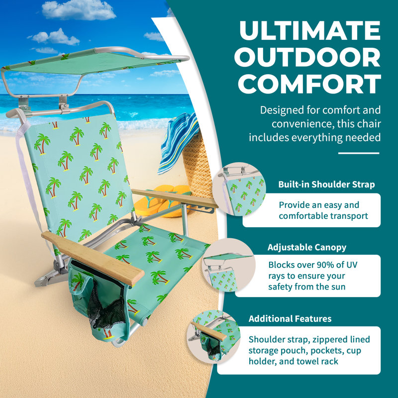  Folding Beach Chair, Backpack Recliner with Canopy, Palm Tree