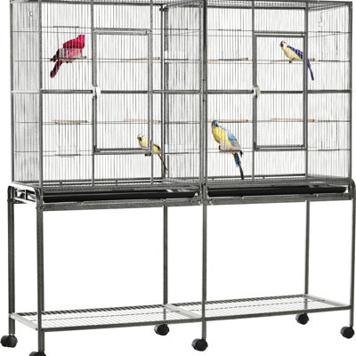 Versatile Double Rolling Metal Bird Cage With Detachable Stand And Multiple Accessories