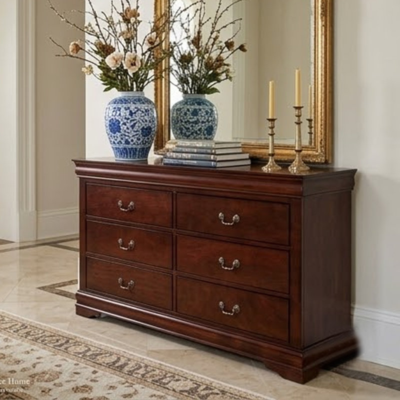 Grande commode Ryla, 6 tiroirs, poignées en métal nickelé, bois massif, Brun cerisier