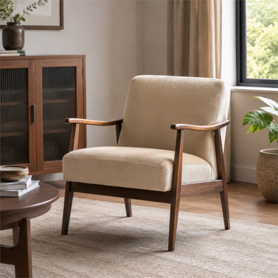 Chaise d'appoint 1 pièce en velours brun clair avec structure en bois d'hévéa massif et finition en noyer foncé mousse haute résilience facile à assembler pour le salon
