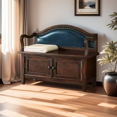Banc à chaussures traditionnel en bois massif avec dossier en cuir