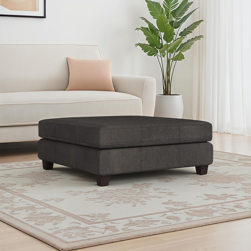 Annlynn Faux Leather Ottoman, Distressed Black Faux Leather