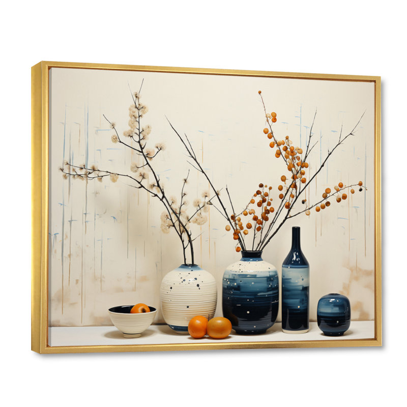 «Blue Beige Minimalist Oasis Pottery», reproduction d'art sur toile, H 34 po x l 44 po x P 1,5 po, Cadre flottant doré