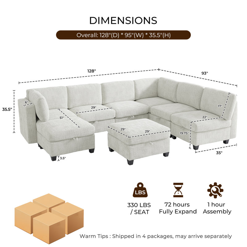 128" Oversized Modular 8-Seater Sectional Sofa with Storage & Removable Covers, Convertible U-Shape, L-Shape & Sleeper Configuration, Modern Couch with Movable Ottoman