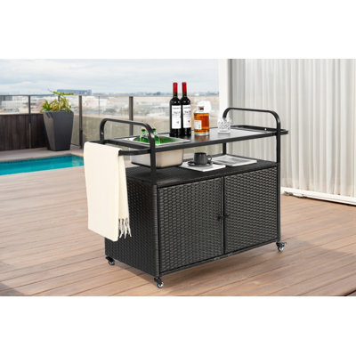 Beige Outdoor Bar Table Wicker Bar Cart With Steel Top, Ice Bucket, Lockable Wheels And Side Basket Perfect For Patio, Garden, Poolside And Backyard by Latitude Run