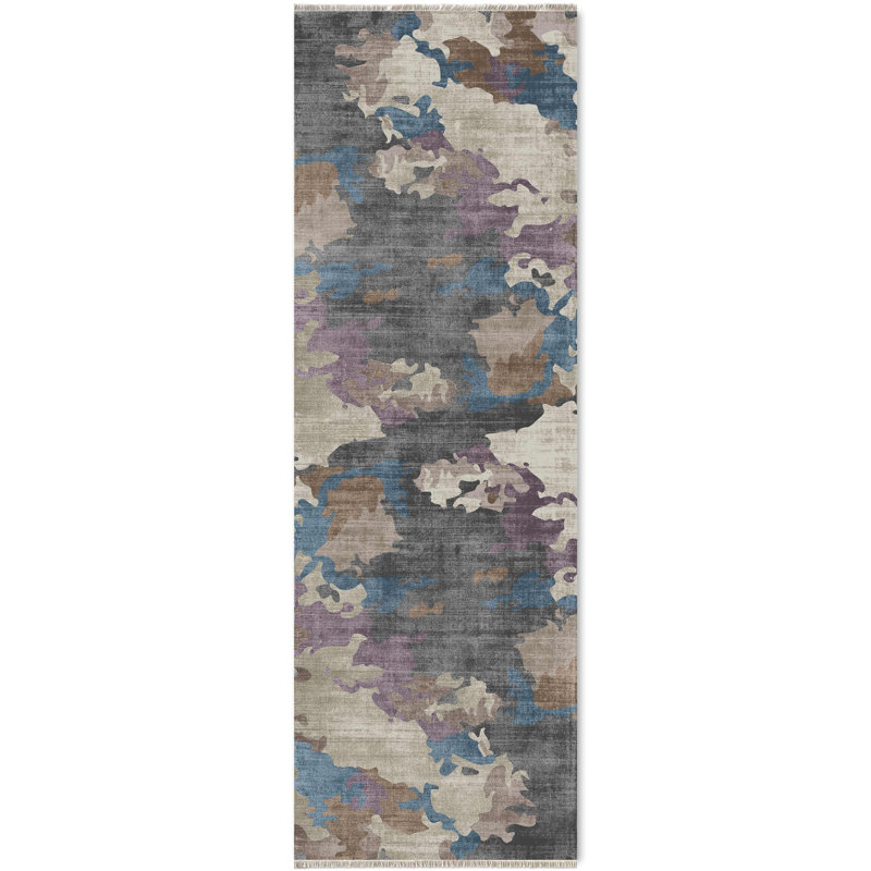 Tapis en chenille de coton abstrait gris mauve Pender, Tapis de couloir 5 pi 3 po x 16 pi 5 po