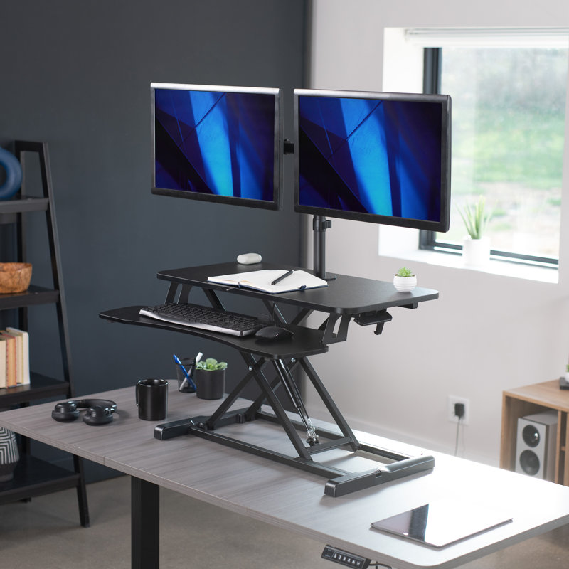 Black Adjustable Standing Desk Converter with Dual Monitor Mount