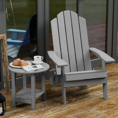 18" W x 18'' D HIPS Round Outdoor Side Table for Adirondack Chairs, 2-Tier Storage Easy Maintenance & Weather-Resistant Patio End Table with 330Lbs Load Bearing for Backyard, Pool, Patio, Porch, Garden, Lawn, Relaxing Companion, Gray