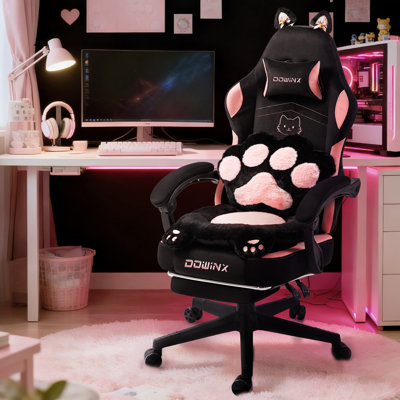 Cute Cat Ear Gaming Chair with Paw Print Lumbar Support and Cushion, Ergonomic Computer Desk Chair with Footrest, Reclining PC Game Chair, 300lbs by Inbox Zero