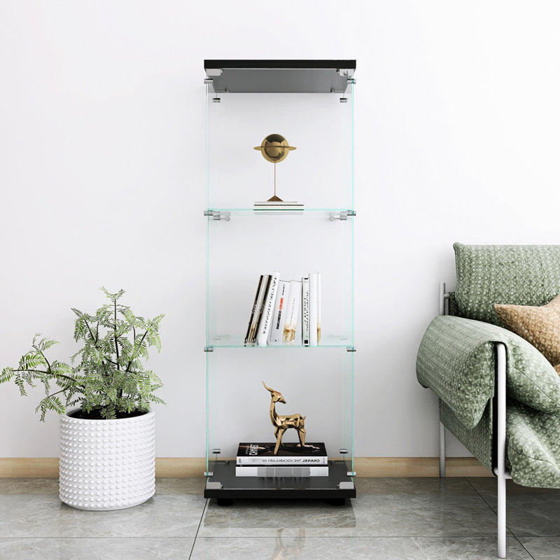 Vitrine en verre avec 3 tablettes, armoires pour le salon, la chambre à coucher, le bureau, l'armoire sur pied noire, composition de tablettes à assemblage rapide, maquillage de plancher, influence sur l'installation