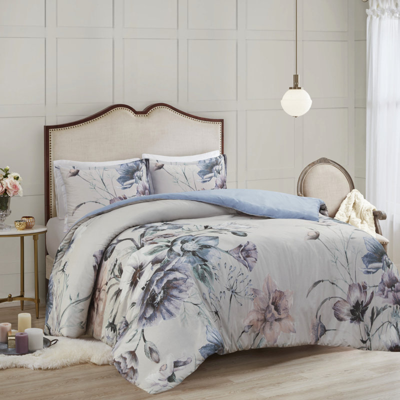 Housse de couette pour très grand lit / très grand lit 3 pièces - motif chic décontracté avec un motif floral enchanteur, une palette de couleurs douces et romantiques, comprend 1 2 taies décoratives, des attaches de coin à fermeture à boutons, une impression élégante en coton