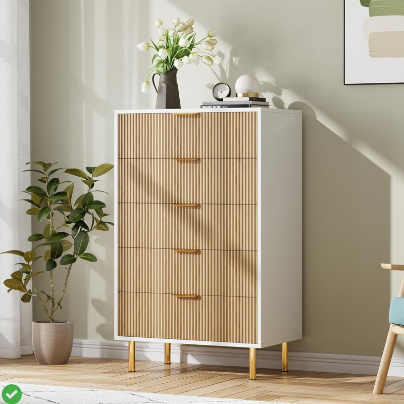 Natural Dresser Modern 5 Drawer Dresser for Bedroom w/ Gold Handle and Large Drawer