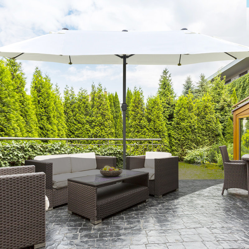 Beige Patio Umbrella 15' - Steel Rectangular Double Sided Market For Sun Blocking, Canopy, Easy Assembly Deck Pool In , Crank, Protection