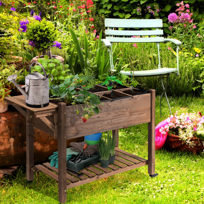 Lit de jardin avec 8 grilles de croissance et table d'appoint pliante, 49 po x 21 po x 34 po, roues en bois, pour légumes, herbes, fleurs, bac à plantes d'extérieur brun