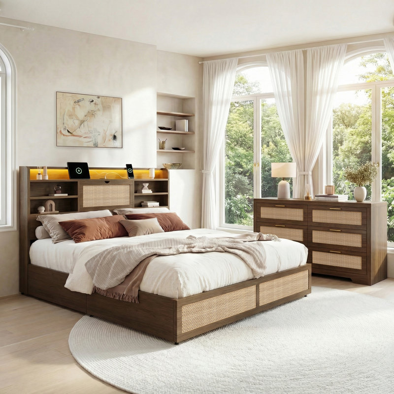 Collection de meubles de chambre à coucher 2 pièces transitionnels modernes, Noyer, Grand lit, Carrée