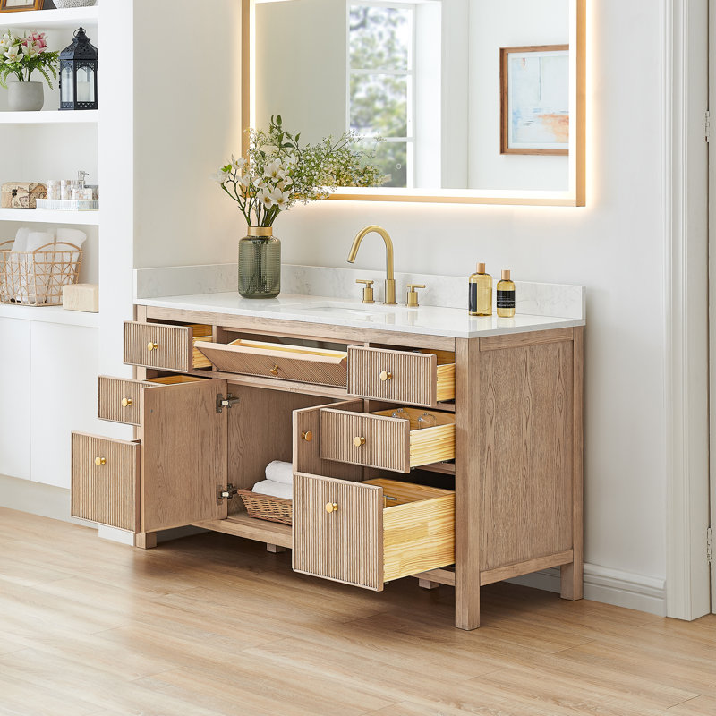 Lala 60" Single Bathroom Vanity with Grain White Engineered Stone Countertop without Mirror, Nature Oak