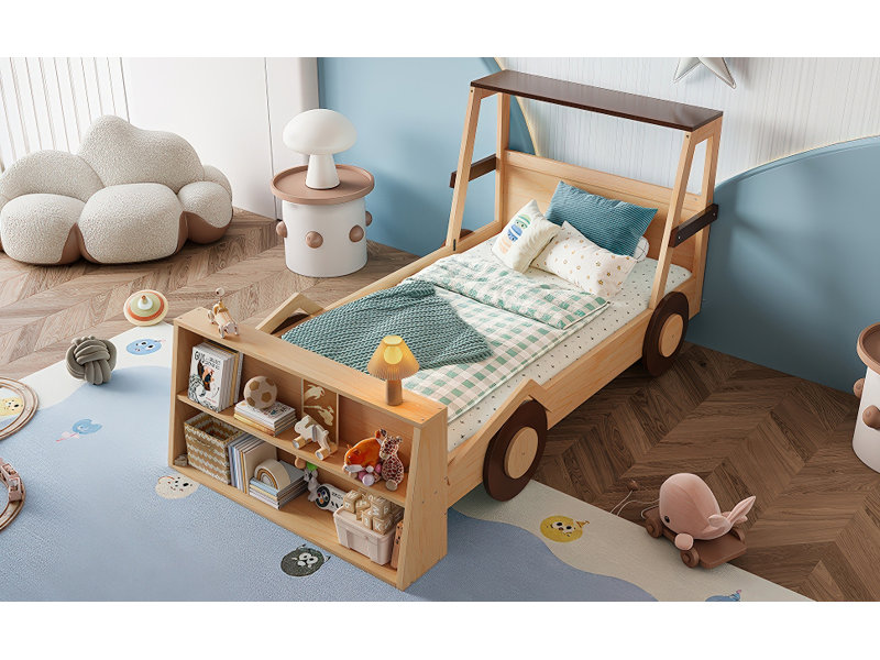 Twin Size Car Bed With Storage Shelves, Kids Platform Bed With Cute Car-Shape, Childlike Design, Natural, Natural