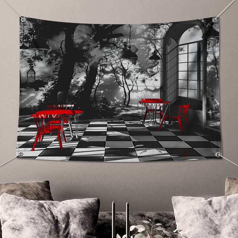 Tapisserie murale café - décoration murale pittoresque, H 68 po x l 80 po avec 4 œillets
