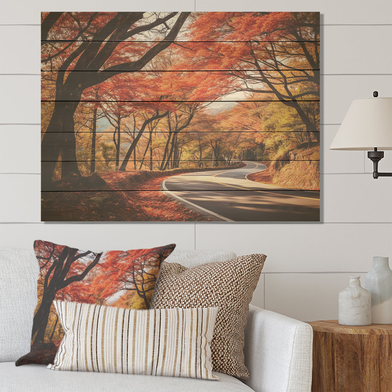 Crimson Autumn Pathway Road II - route sur bois, H 34 po x l 44 po