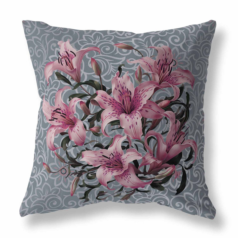 Coussin Enchanted Lily Affair Broadcloth, H 20 po x l 20 po, Rose/gris