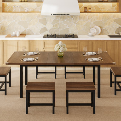 Ensemble de table de salle à manger 7 pièces, table de cuisine extensible de 63 po avec 6 tabourets, table de salle à manger moderne Mid-Century avec structure en métal et panneau de fibres à densité moyenne, peu encombrant, facile à assembler, noyer