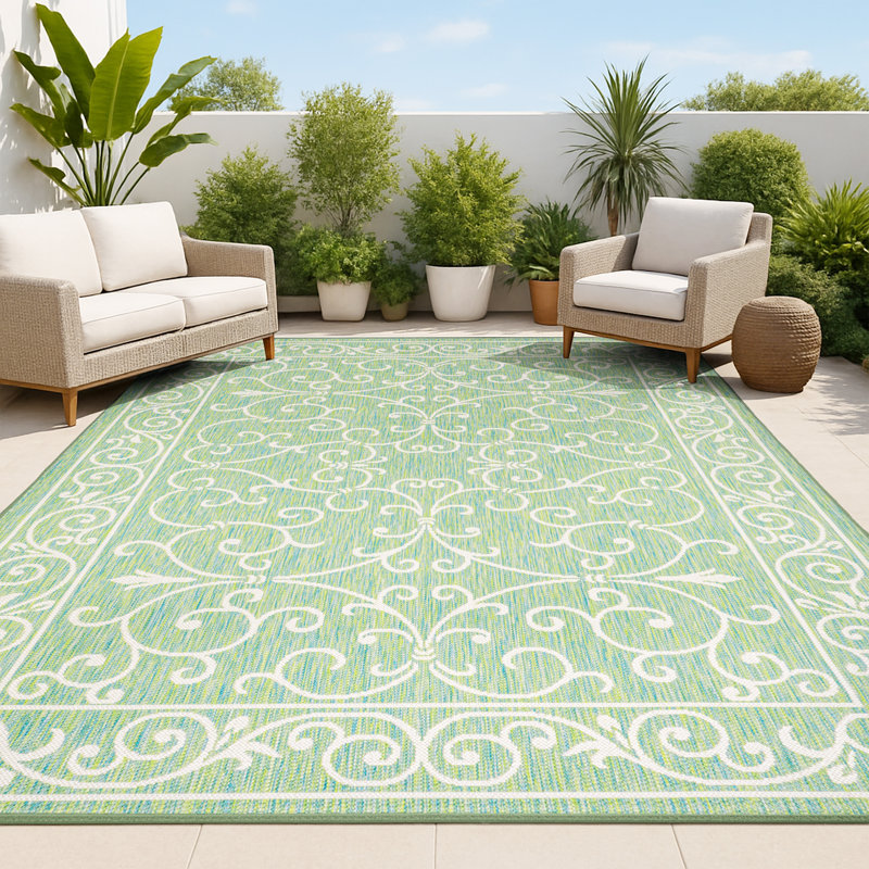 Debbe Vintage Filigree Textured Weave Green/Ivory Indoor/Outdoor Rug, Rectangle 3'11" x 6'
