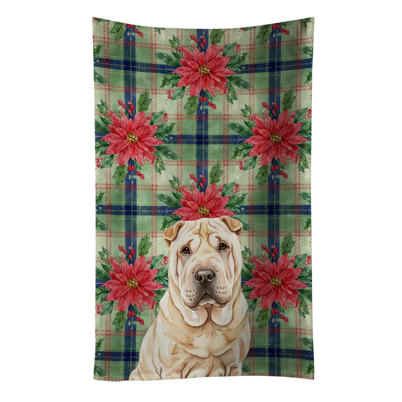 Shar Pei Christmas PoinsettIas Kitchen Towel, Tan Shar Pei