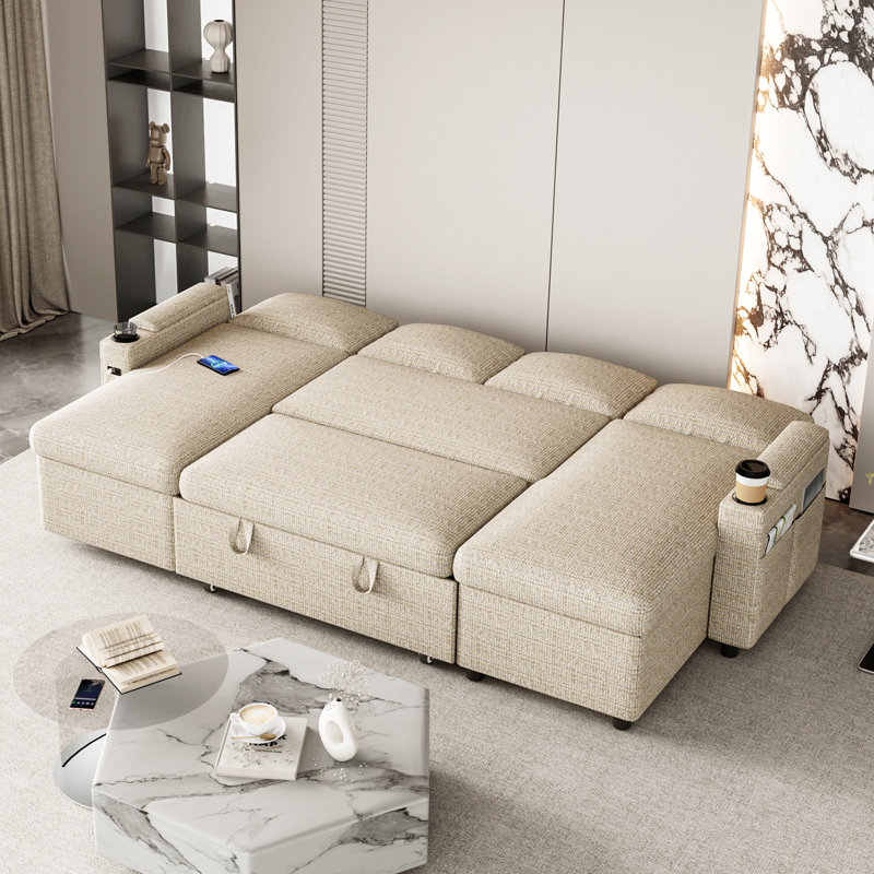 4 Seater Sofa Bed, Beige Fabric