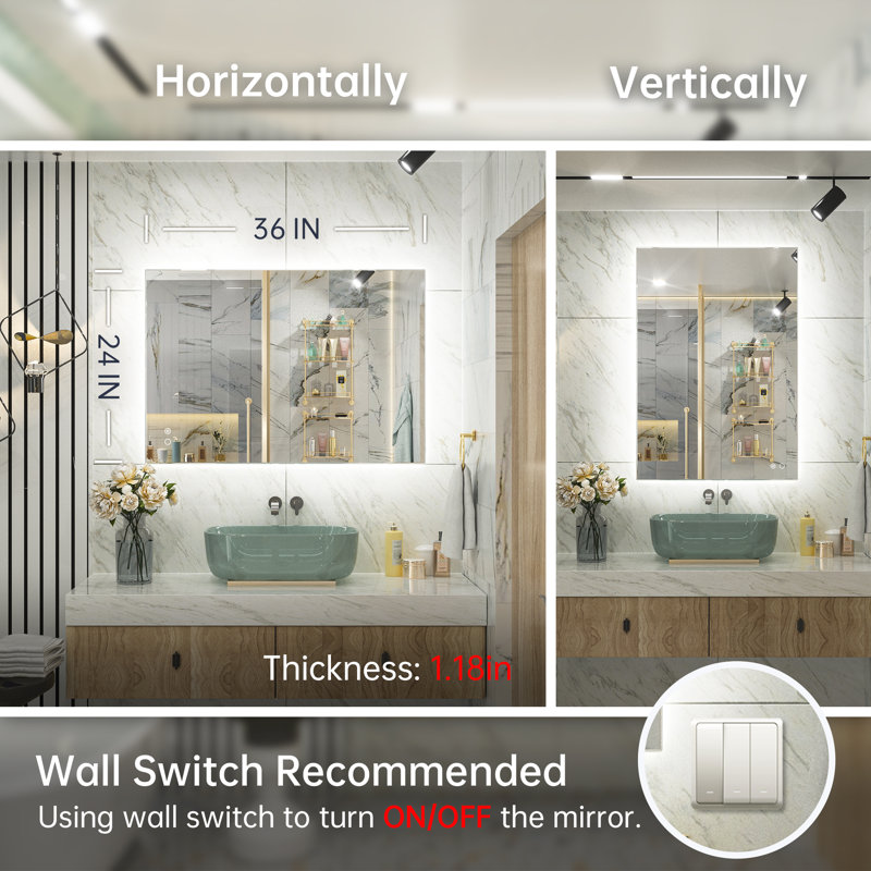 Adorna LED Backlit Frameless Lighted Bathroom Vanity Mirror Wall Mirror Dimmable Anti Fog, 24" x 36"