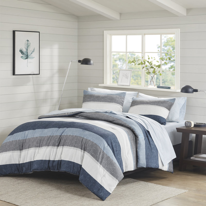 Ensemble d'édredon avec draps Jaxon, Édredon simple + 4 pièces supplémentaires, Bleu marine / gris