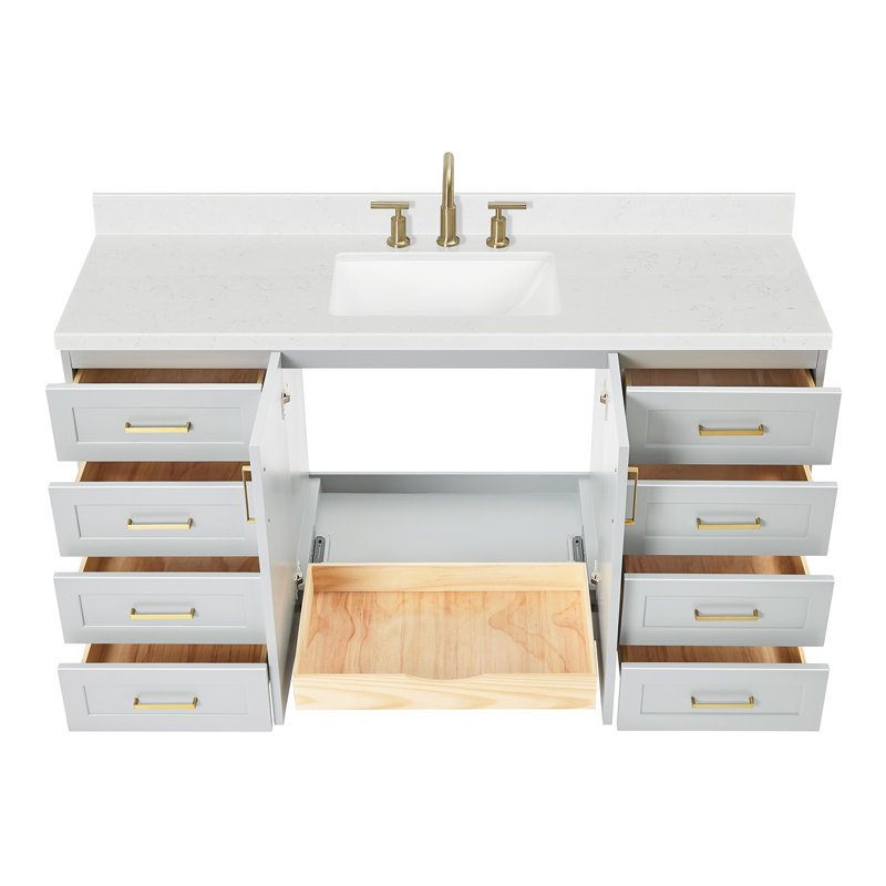 Meuble-lavabo simple en bois massif gris Freitas avec plateau en quartz blanc Carrara, Gris, Forme rectangulaire