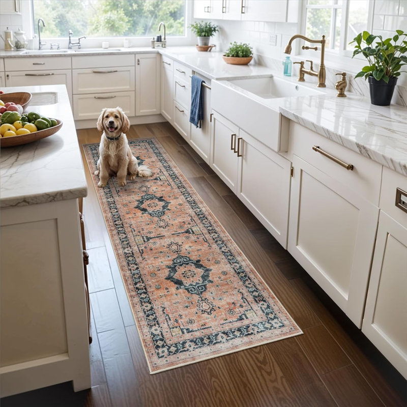 Hallway Washable Rug - Kitchen Rugs Entryway Rug Vintage Soft Floor Mat Non Slip Indoor Farmhouse Carpet for Bathroom Living Room Bedroom (Orange)