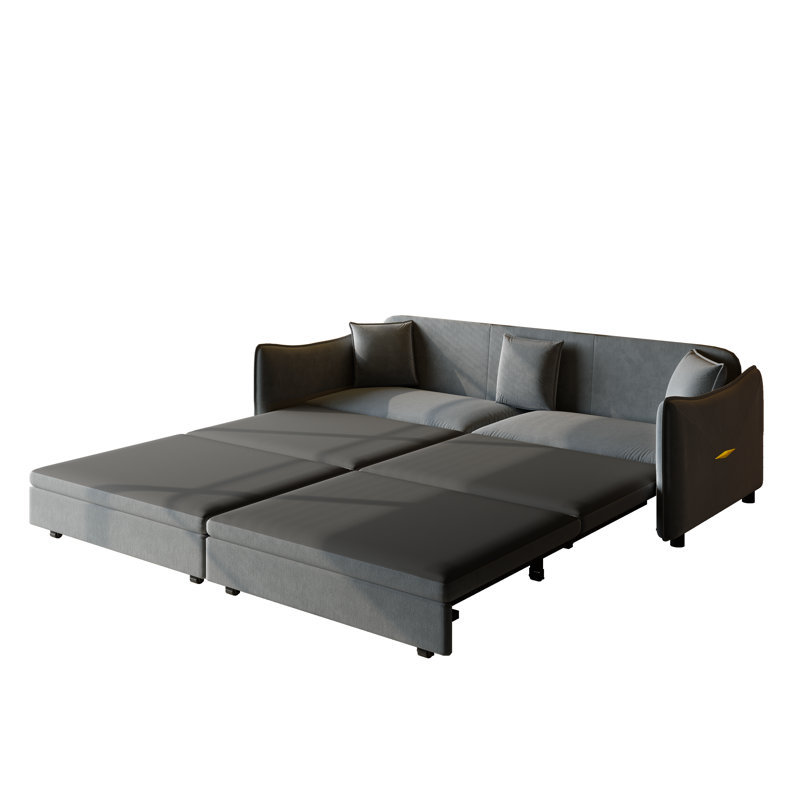 Canapé-lit convertible 3-en-1 Velvora avec revêtement en velours et structure en fer et bois, Dark Grey