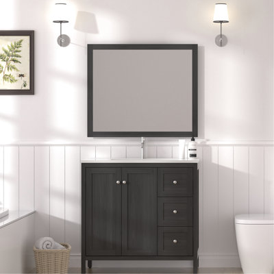 Meuble-lavabo de salle de bain de 90 cm (35,5 po), fini noir, lavabo en résine, 3 tiroirs, portes à fermeture amortie, structure en contreplaqué avec protection contre les éclaboussures, construction durable