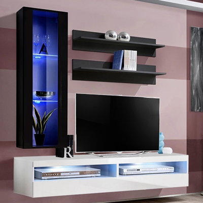 Laryssa 63" Modern Floating Wall Mounted Entertainment Center with 16-Color LED Lighting, High Gloss Finish