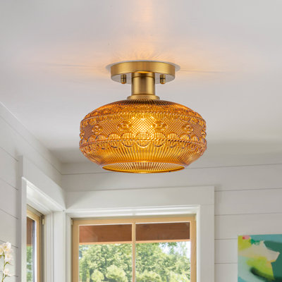 1-Light Natural Copper Patterned Amber Glass Lantern Flush Mount Ceiling Light