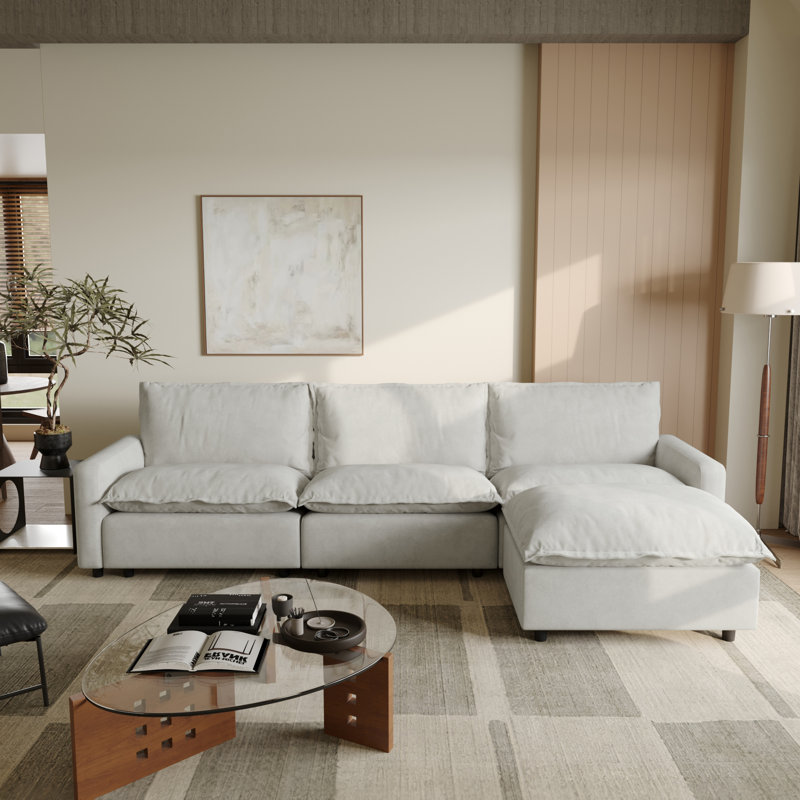 Canapé modulaire rembourré 4 pièces en tissu de lin avec repose-pieds 4 pièces, Lin beige