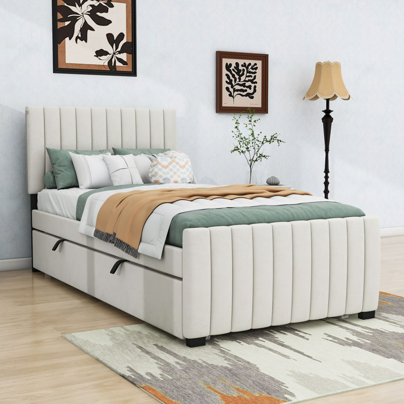 Twin Velvet Upholstered Platform Bed with Trundle, Beige