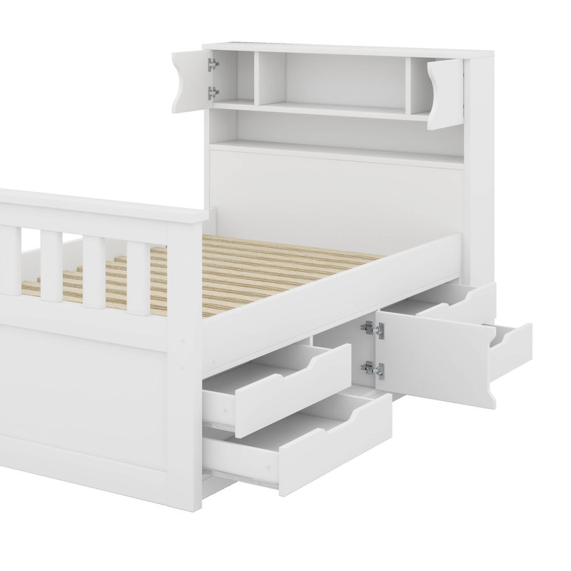 Base de lit plateforme simple avec bibliothèques, tablettes et tiroirs, Blanc