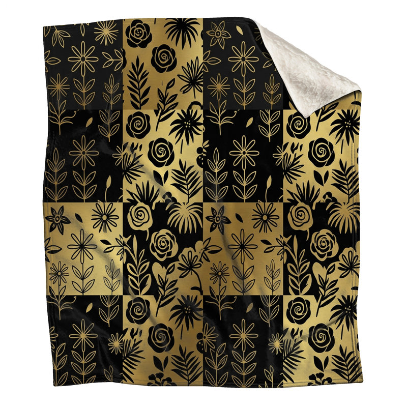 Couvertures florales à motifs or noir, L 50 po x H 60 po