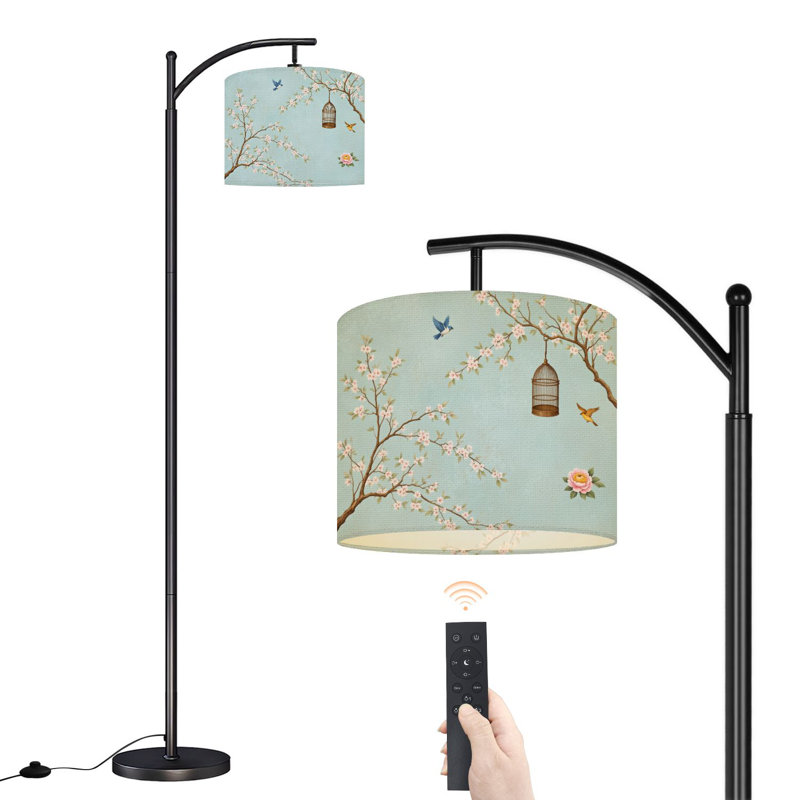 Arc Floor Lamp Blossoming Cherry Trees Birds Birdcage Soft Blue Standing Light with Adjustable Lampshade 3 Color Dimmable Tall Lamp with Remote Control for Living Room Bedroom