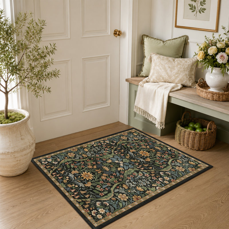 Washable Area Rug - Vintage Boho Botanical Low-Pile Rug, Black/Brown, Rectangle 2' x 3'