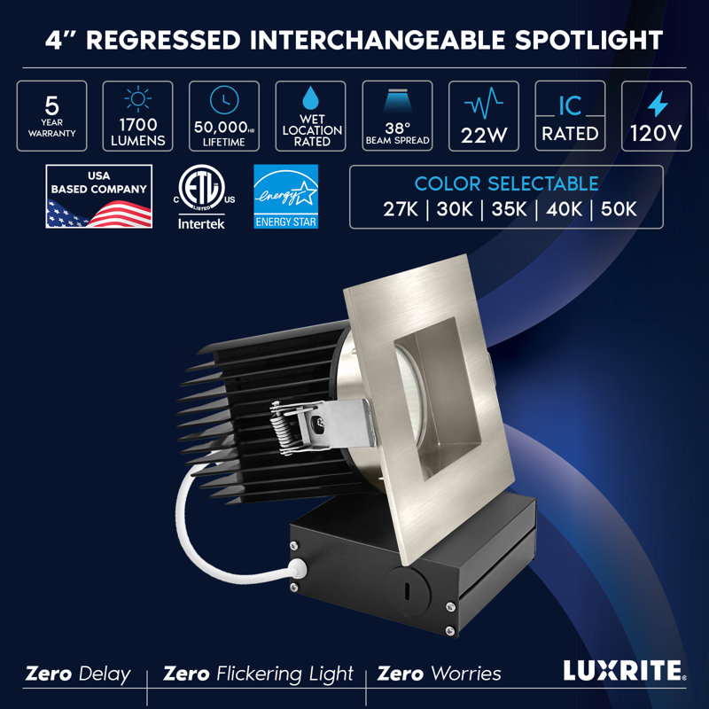 Luxrite 4" LED Recessed Light, Regressed Canless Spotlight, 5CCT, 38º, 22W, 1700LM, Interchangeable Square Brushed Nickel Trim, Dimmable, IC Rated