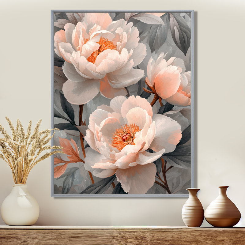 «Pink Sunlit Garden» - pivoines, art mural, Argent argent, H 32 po x l 24 po, Reproduction avec cadre flottant
