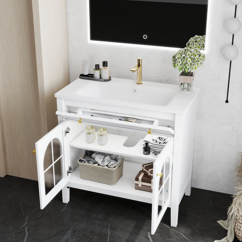 36"Mid-Century Bathroom Vanity with Motion-Sensor Light & Patterned Glass,Farmhouse Sink Cabinet with Storage, High-End Restroom Vanity