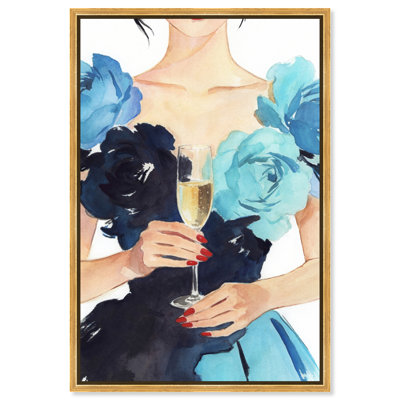 Champagne & Roses - Ira Comleva Framed Canvas Print Fashion Martini Art by Art Remedy, Gold Frame, 16 x 24