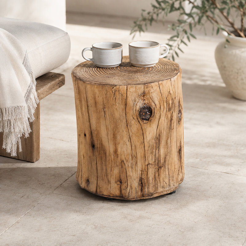 Table d'appoint d'extérieur en forme de souche d'arbre (37 cm), imitation bois avec motif de rondin naturel